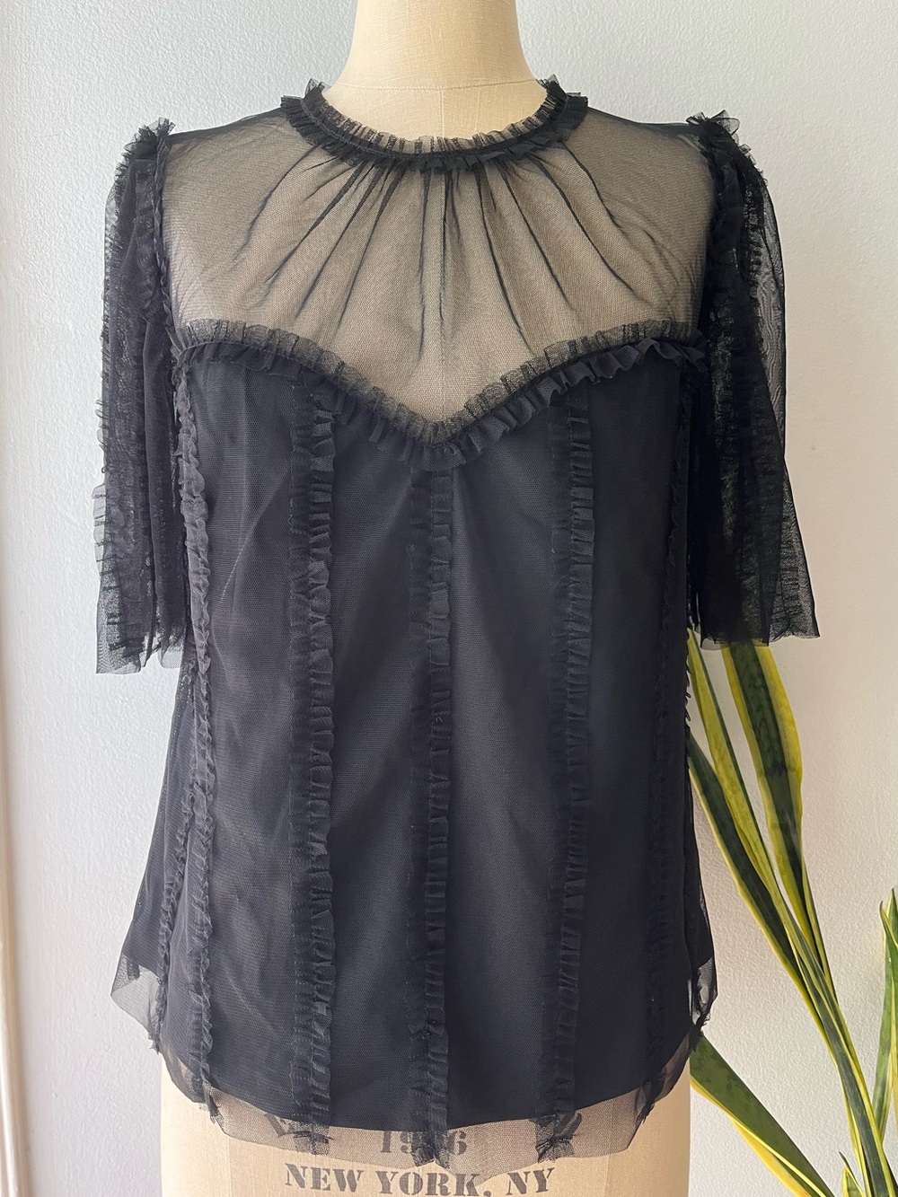 Boden• Black Mesh Ruffle Lace Blouse• Sz 8